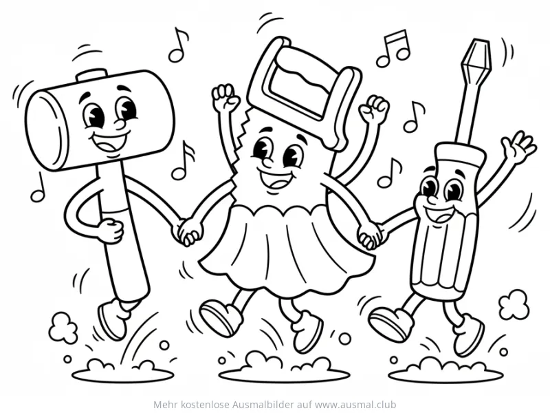 Tanzender Hammer, Säge und Schraubenzieher Ausmalbild