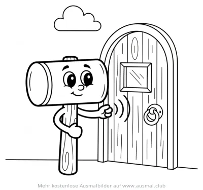 Hammer klopft an Holztür Ausmalbild