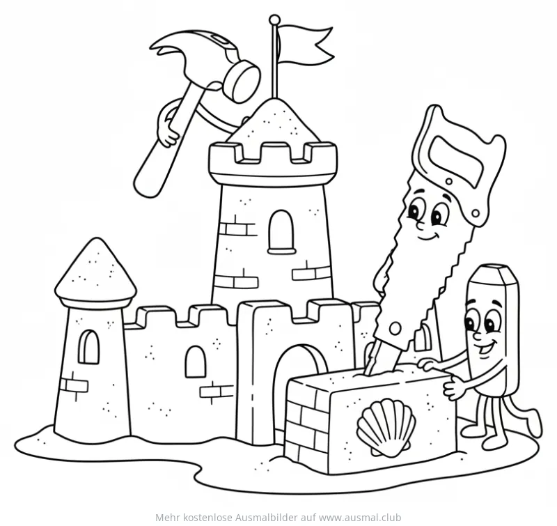 Sandburg mit Hammer, Säge und Meißel Ausmalbild
