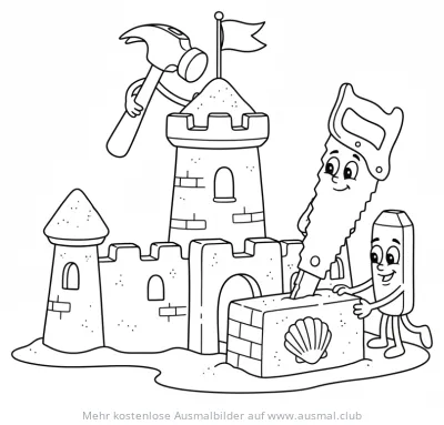 Sandburg mit Hammer, Säge und Meißel Ausmalbild