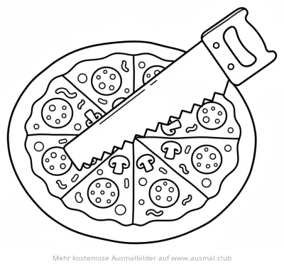 Säge schneidet Pizza Ausmalbild