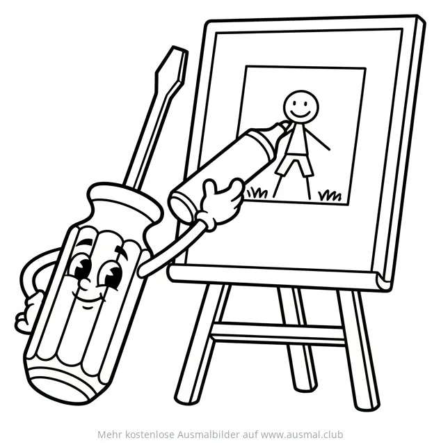 Freundlicher Schraubenzieher malt Strichmännchen auf Staffelei Ausmalbild