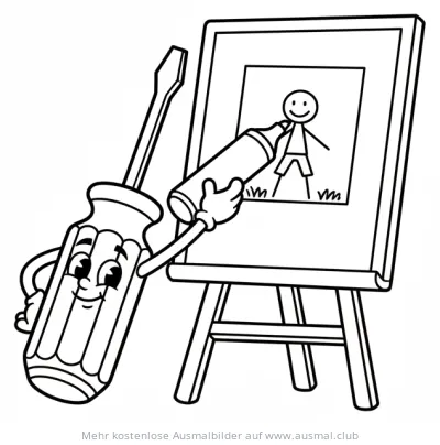 Freundlicher Schraubenzieher malt Strichmännchen auf Staffelei Ausmalbild