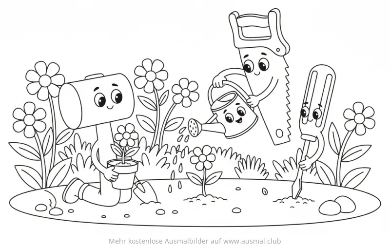 Hammer, Säge und Schraubenzieher beim Gärtnern Ausmalbild