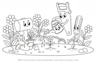 Hammer, Säge und Schraubenzieher beim Gärtnern Ausmalbild