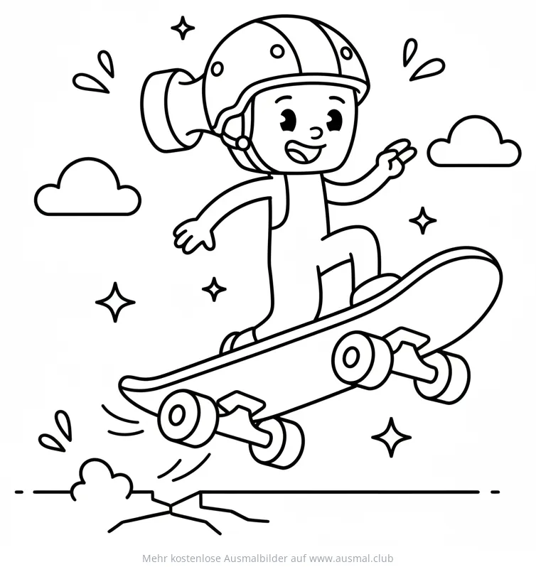 Kind mit Helm auf Skateboard Ausmalbild
