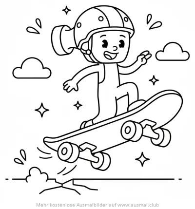 Kind mit Helm auf Skateboard Ausmalbild