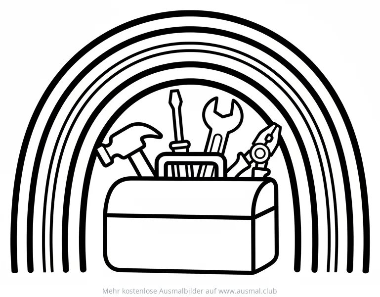 Werkzeugkiste mit Hammer, Schraubenzieher & Regenbogen Ausmalbild