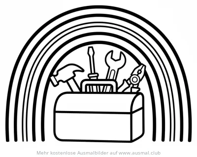 Werkzeugkiste mit Hammer, Schraubenzieher & Regenbogen Ausmalbild