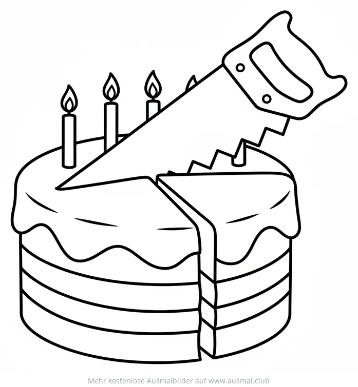 Geburtstagskuchen mit Kerzen wird mit einer Säge angeschnitten Ausmalbild