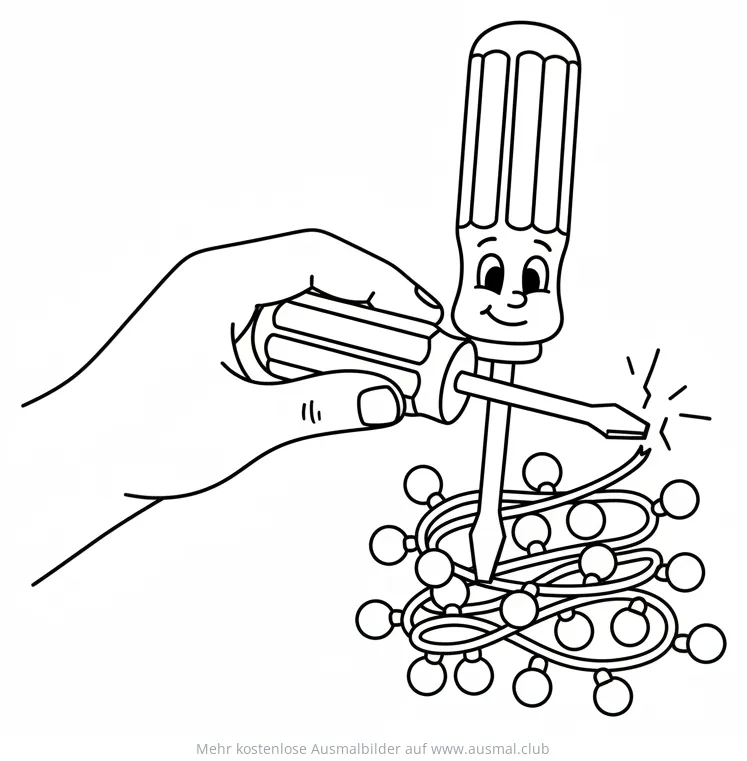 Schraubenzieher mit Gesicht steckt Lichterkette Ausmalbild