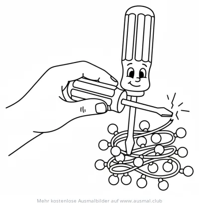 Schraubenzieher mit Gesicht steckt Lichterkette Ausmalbild