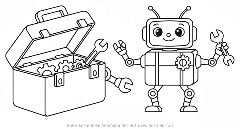 Werkzeugkiste mit Zahnrädern und Roboter mit Schraubenschlüssel Ausmalbild