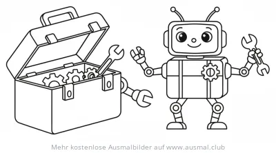 Werkzeugkiste mit Zahnrädern und Roboter mit Schraubenschlüssel Ausmalbild