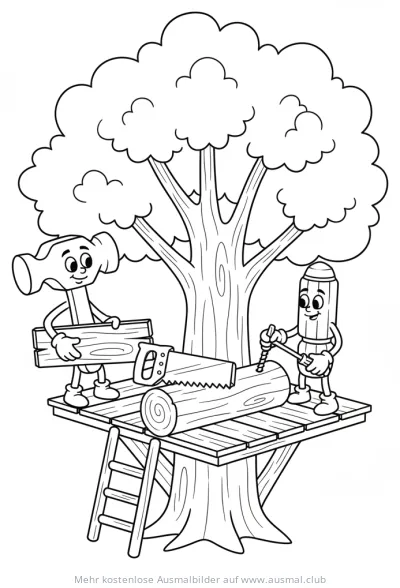 Baumhaus im Bau mit Hammer, Säge, Schraubenzieher und Bleistift Ausmalbild