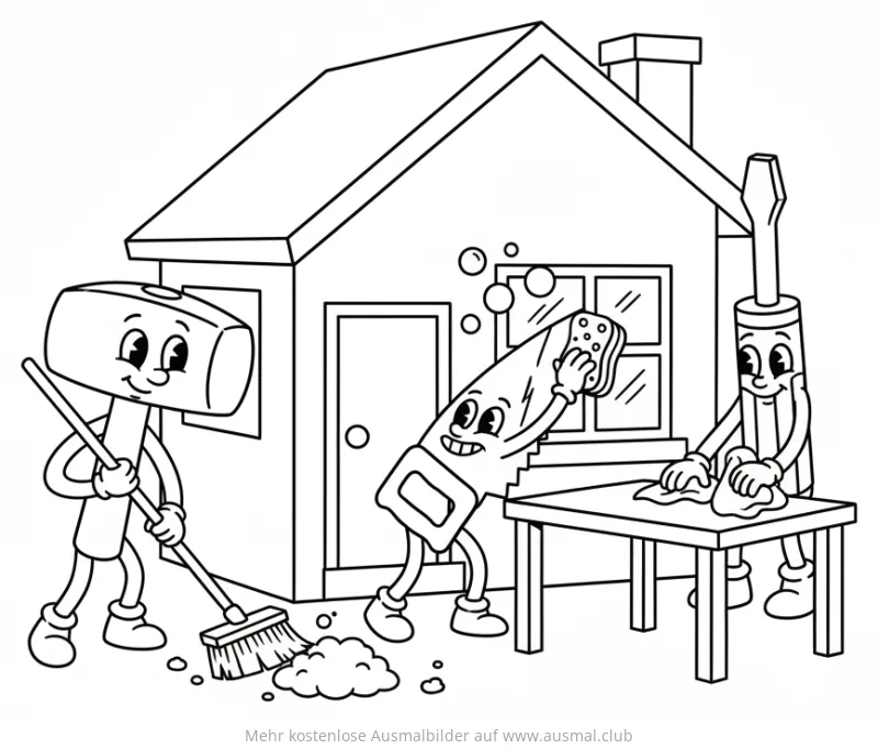 Cartoon Hammer, Säge und Schraubenzieher putzen Haus Ausmalbild