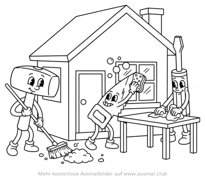 Cartoon Hammer, Säge und Schraubenzieher putzen Haus Ausmalbild