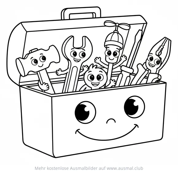 Werkzeugkiste mit Hammer, Schraubenschlüssel und anderem Werkzeug Ausmalbild