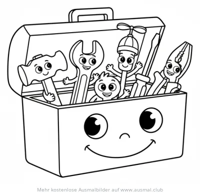 Werkzeugkiste mit Hammer, Schraubenschlüssel und anderem Werkzeug Ausmalbild