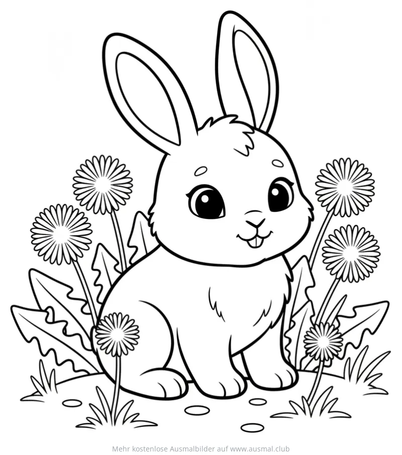 Hase sitzt in Löwenzahnwiese Ausmalbild