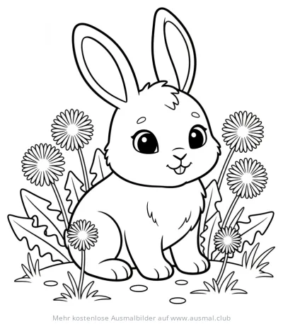 Hase sitzt in Löwenzahnwiese Ausmalbild