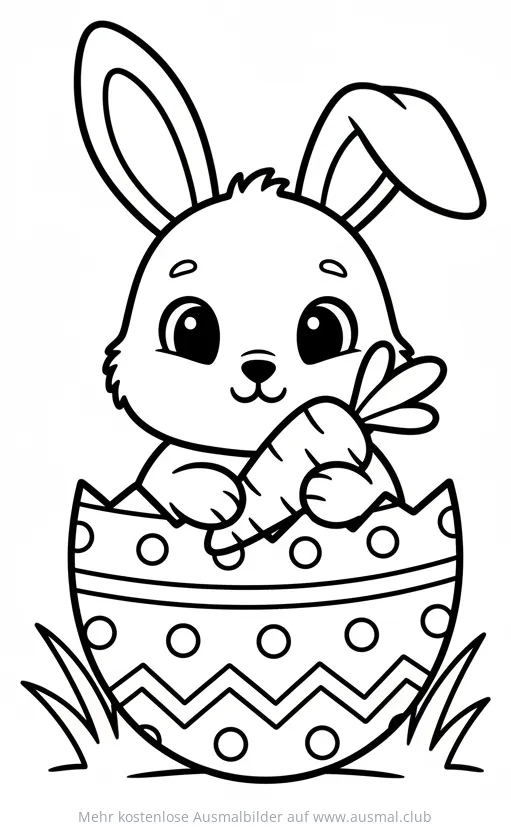 Hase sitzt in einem dekorierten Osterei mit Karotte Ausmalbild
