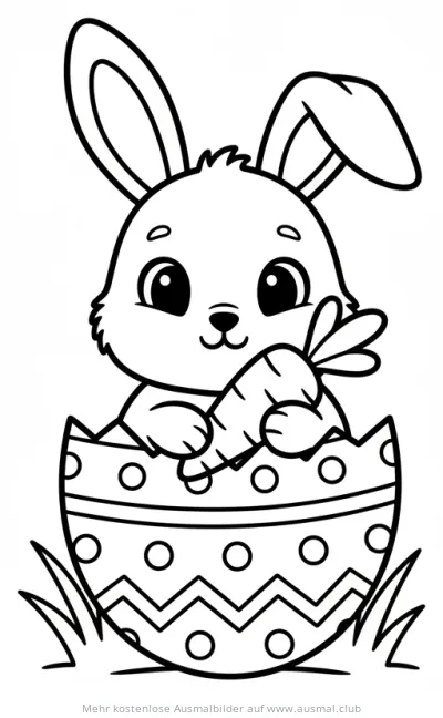Hase sitzt in einem dekorierten Osterei mit Karotte Ausmalbild