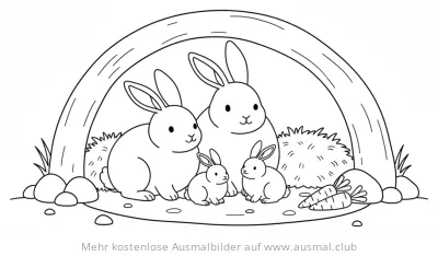 Hasen Familie im Bau Ausmalbild