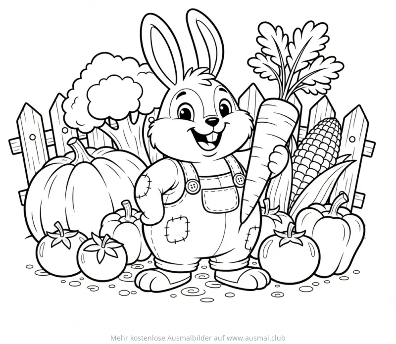 Hase mit Karotte im Gemüsegarten Ausmalbild