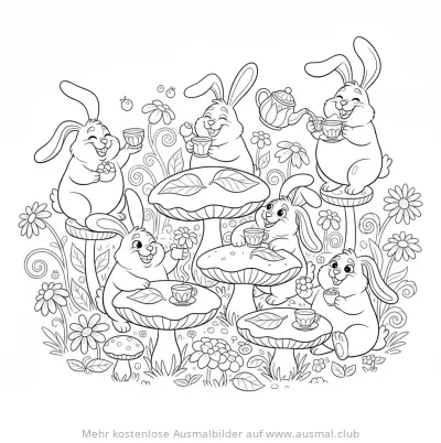 Hasen Teeparty Ausmalbild mit Pilzen und Blumen