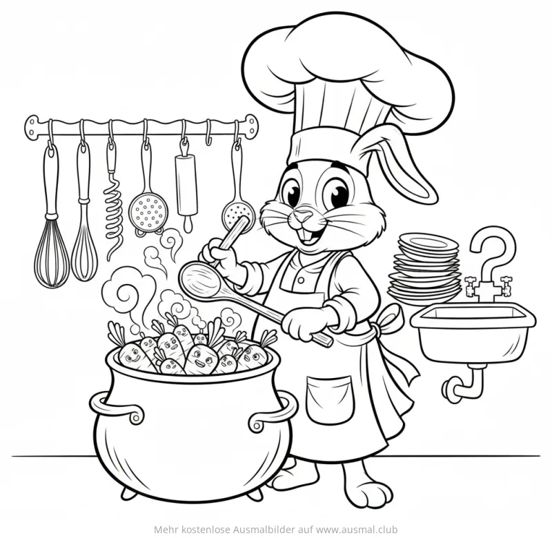 Hase als Koch mit Kochmütze und Karotten im Topf Ausmalbild
