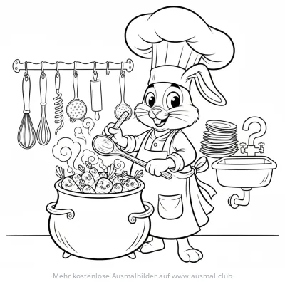 Hase als Koch mit Kochmütze und Karotten im Topf Ausmalbild