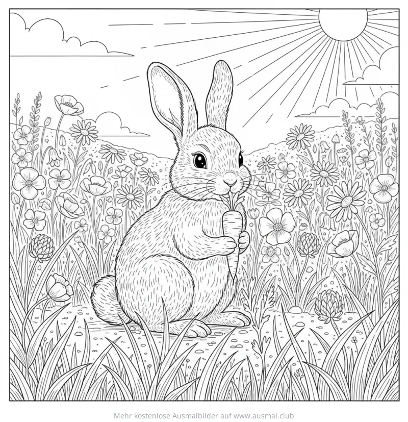 Hase mit Karotte auf Blumenwiese Ausmalbild
