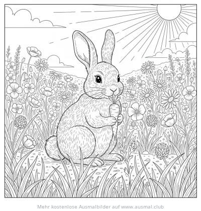Hase mit Karotte auf Blumenwiese Ausmalbild