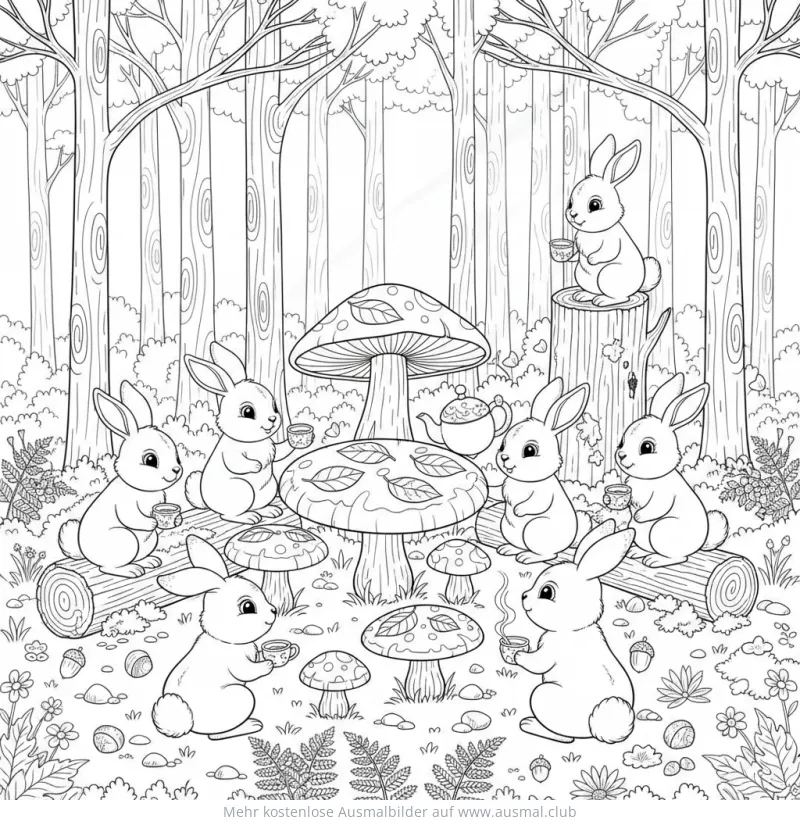 Kaninchen Teeparty im Wald Ausmalbild