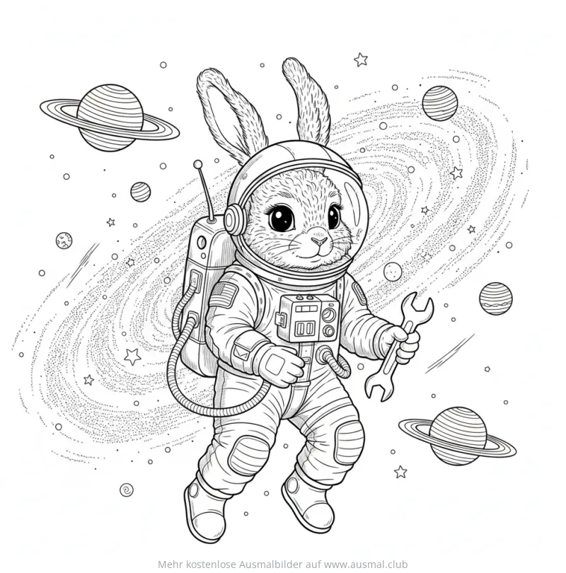 Hase im Raumanzug Ausmalbild mit Planeten und Galaxie