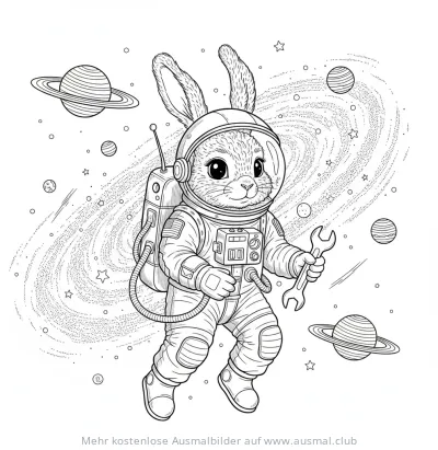 Hase im Raumanzug Ausmalbild mit Planeten und Galaxie