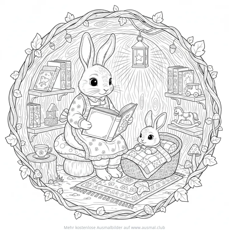 Hasen Mama liest ihrem Baby vor, Ausmalbild