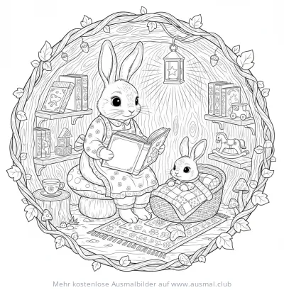 Hasen Mama liest ihrem Baby vor, Ausmalbild