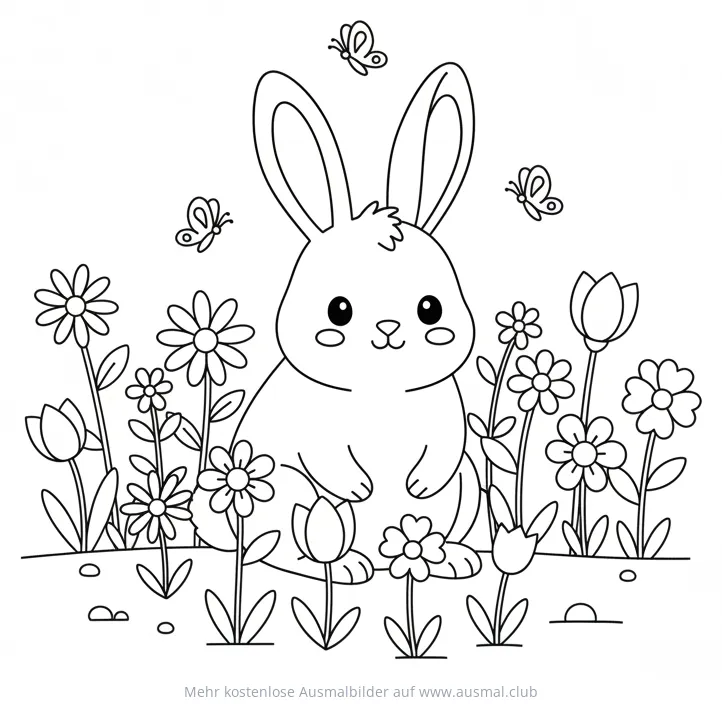 Hase sitzt im Blumenfeld Ausmalbild