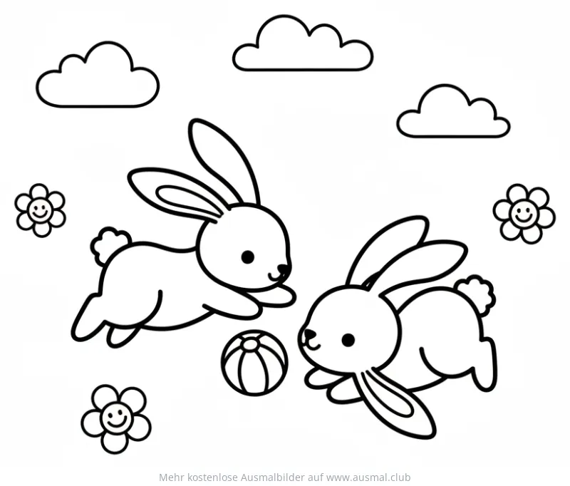 Zwei spielende Hasen mit Ball Ausmalbild