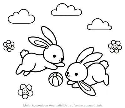Zwei spielende Hasen mit Ball Ausmalbild