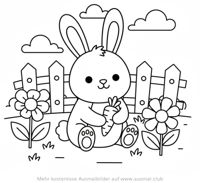 Hase mit Karotte im Garten Ausmalbild