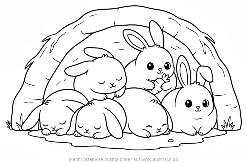 Hasenbau Ausmalbild mit schlafenden und wachen Kaninchen