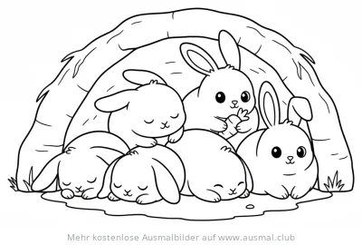 Hasenbau Ausmalbild mit schlafenden und wachen Kaninchen