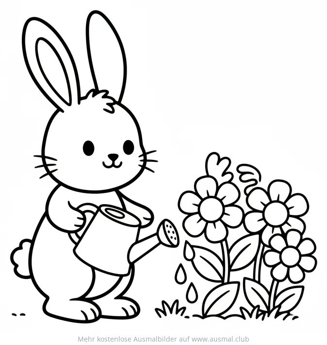 Hase gießt Blumen mit Gießkanne Ausmalbild