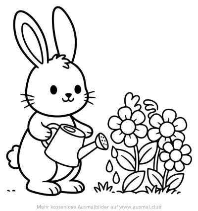 Hase gießt Blumen mit Gießkanne Ausmalbild