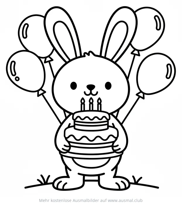 Hase hält Geburtstagskuchen mit Luftballons Ausmalbild