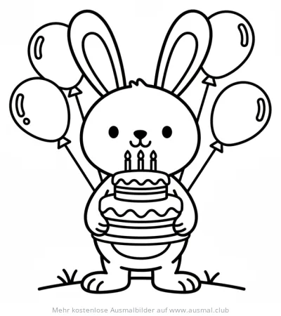 Hase hält Geburtstagskuchen mit Luftballons Ausmalbild