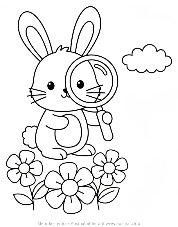 Hase mit Lupe und Blumen Ausmalbild